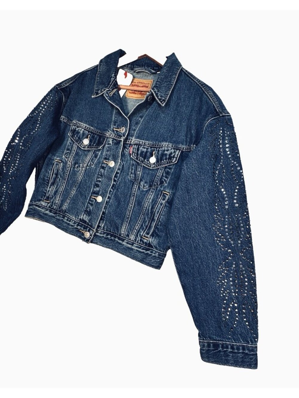 Levi's 90's Trucker Jacket Small Shrunken Rhinestone Denim Jacket D.Wash Western - Picture 9 of 13